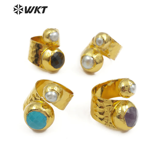 WT-R329 Fashion Design Women Adjustable Gold Jewelry Gemstone and Natural Freshwater Pearl Jade in Round Shape Ring