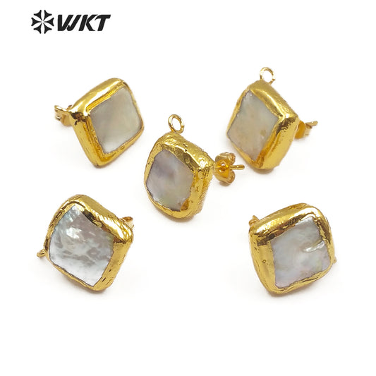 WT-JF302 Jewelry Findings for Women DIY Freshwater Pearl in Square Shape Gold Framed 10MM Natural Pearl Stud Earring