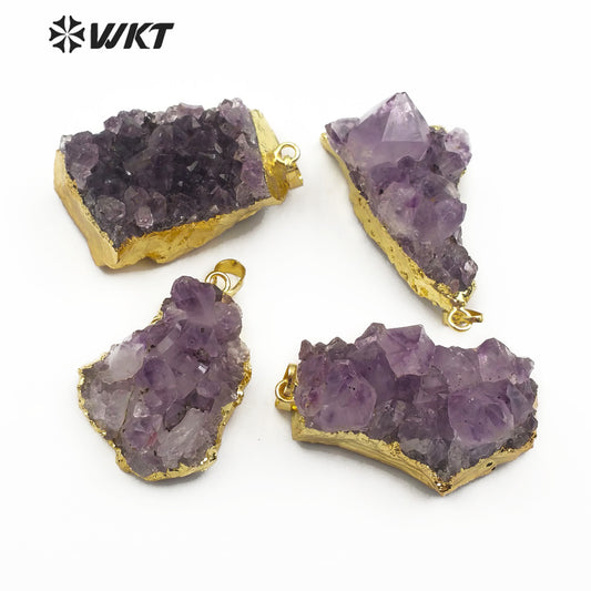 WT-P1438 Raw Quartz With Gold Bezel Amethyst Pendant Jewelry for Women Necklace Making Natural Uraguay Purple Crystal Pendant