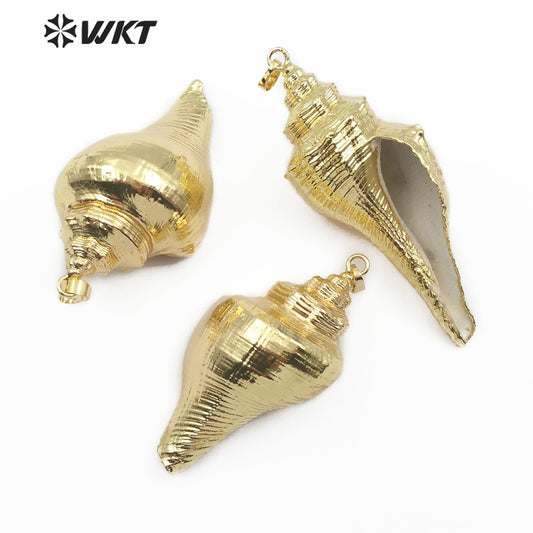 WT-JP096 Natural Sea Shell Pendant for Women Fashion Jewelry Making Boho Big Trumpet Shell With Full Gold Dipped Pendant