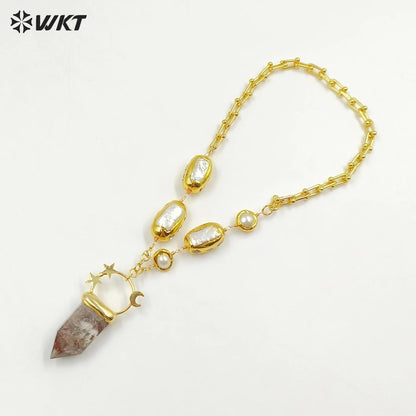 WT-JN255 Amazing WKT Unique Healing Energy Healing Quartz Stone With Real Pearl Beads Precious Pendant Necklace in 19 Inch Long