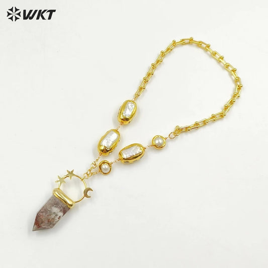WT-JN255 Amazing WKT Unique Healing Energy Healing Quartz Stone With Real Pearl Beads Precious Pendant Necklace in 19 Inch Long