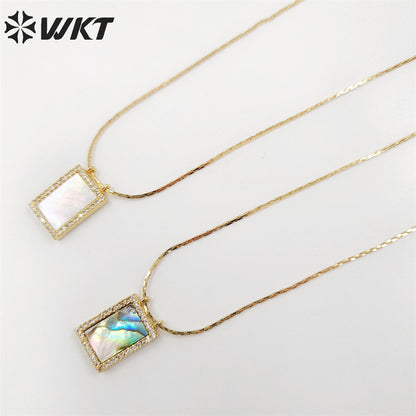 WT-JN214 WKT Newest Exclusive Tiny Long Square Natural Shell Necklace Lady Simple Micropaved Cubic Zircon Shell Necklace