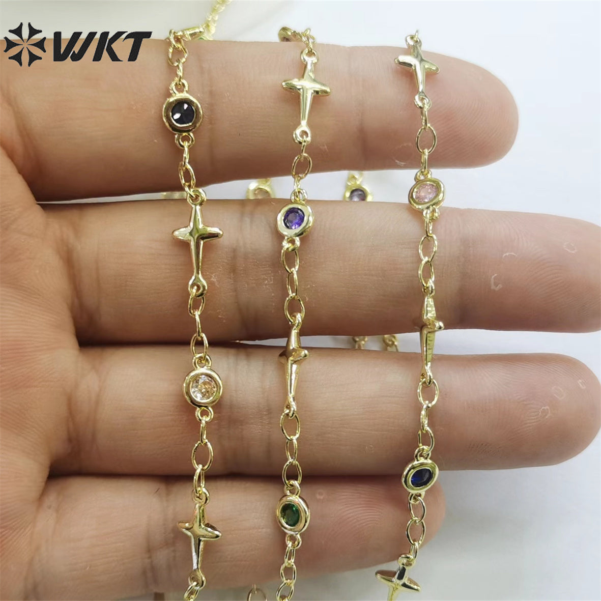 WT-RBC213 Fashion Gold Plated Colorful Cubic Zircon Cross Chain Religious Charming Jewelry DIY Making Chain for Bracelet