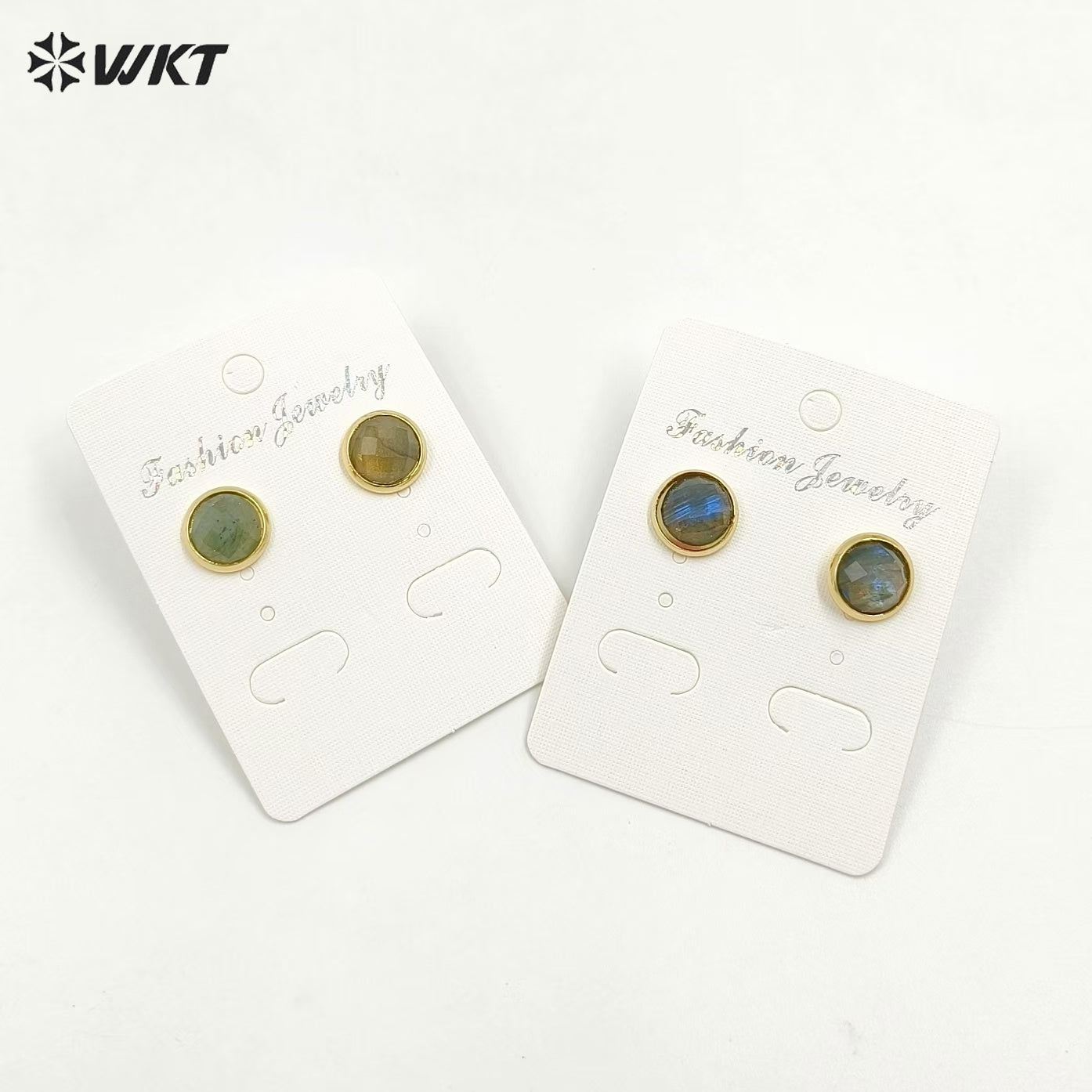 WT-E188 Wholesale Natural Round Labradorite Studs, Fashion 18k Gold Plated Bezel Stone Labradorite Studs Earrings for Women