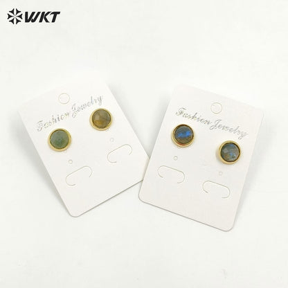 WT-E188 Wholesale Natural Round Labradorite Studs, Fashion 18k Gold Plated Bezel Stone Labradorite Studs Earrings for Women