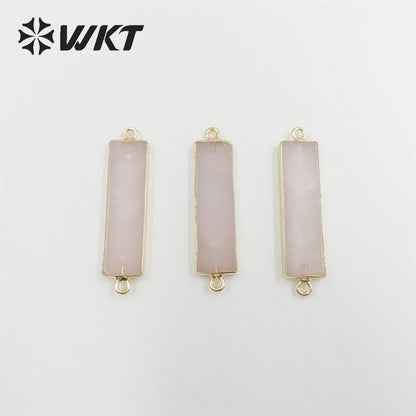 WT-C310 Amazing Fashion Double Loops Gold Plated Long Straight bar Connectors Lady Natural Rose Quartz Stone Jewelry Connector