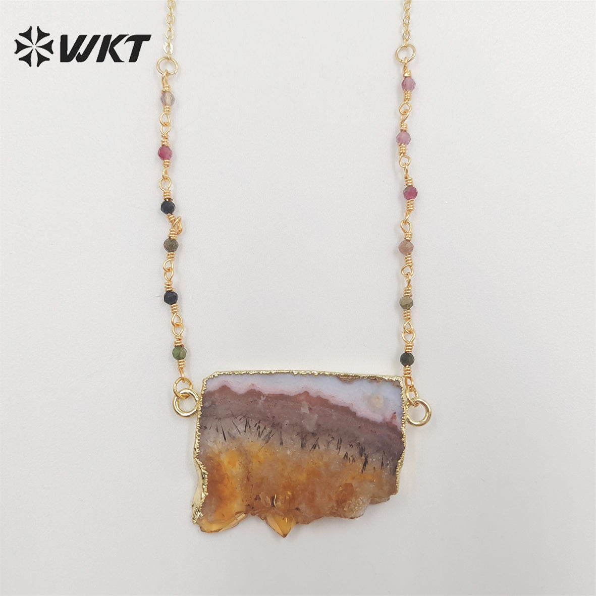 WT-N1404 Wholesale Newest Fashion Gold Double Loops Natural Yellow Citrine Tourmaline Necklace 3mm Beads Slice Stone Necklace