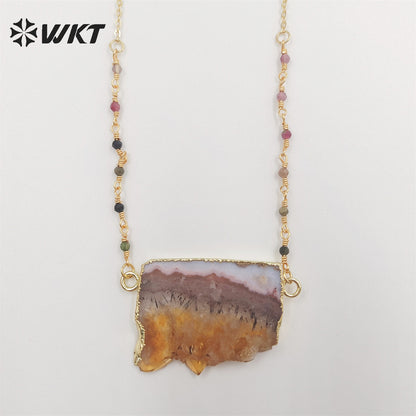 WT-N1404 Wholesale Newest Fashion Gold Double Loops Natural Yellow Citrine Tourmaline Necklace 3mm Beads Slice Stone Necklace