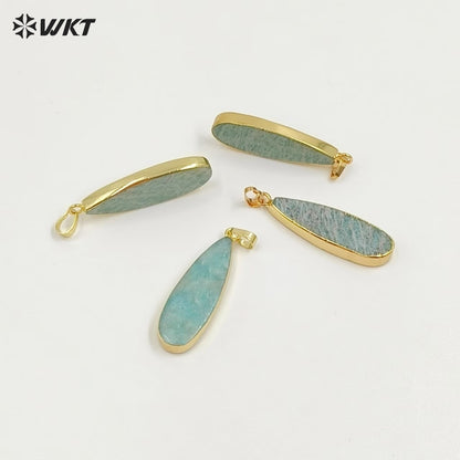 WT-P1889 Wholesale Fashion 18k Real Gold Plated Double Flat Natural Amazonite Pendant Fashion Long Waterdrop Stone Pendants