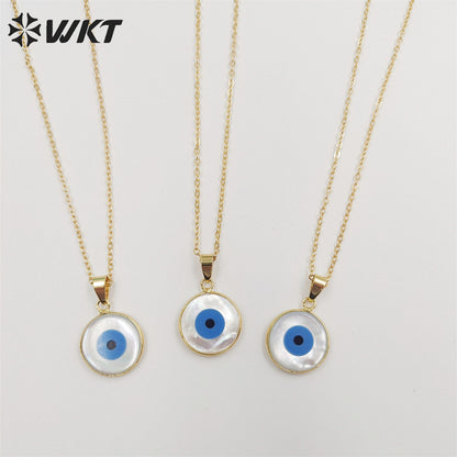 WT-N535 Beautiful Tiny Eye Charm Necklace Fashion Gold Round Natural MOP Eye Shell Charm Necklace Eye Necklace