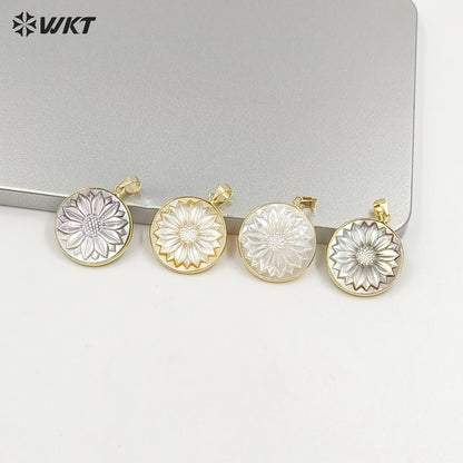 WT-JP417 Lovely Pretty Handmade Carved Natural Sea Shell Round Sun Flowers Jewelry Pendants For Friend gift