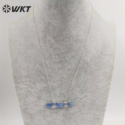 WT-N482 Wholesale Raw Blue Kyanite Double Loops Necklace With 18" Long Chain Natural Raw Blue Stone Kyanite Necklace