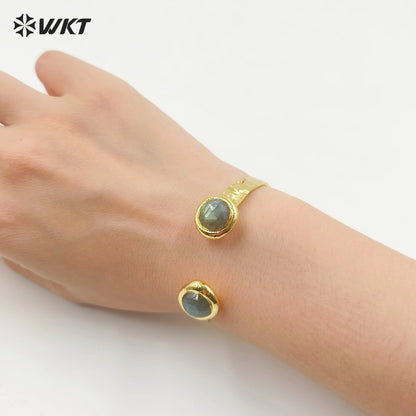 WT-B650 Newest Design Fashion 18K Real Gold Plated Resist Tarnishable Double Round Labradorite Stone Open Size Women Bangle