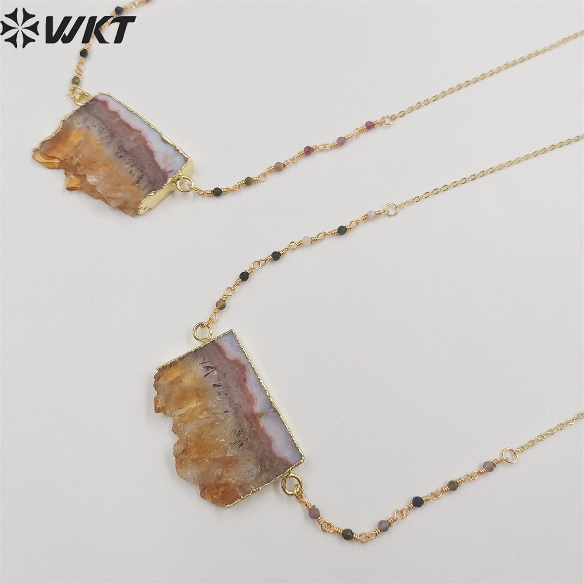 WT-N1404 Wholesale Newest Fashion Gold Double Loops Natural Yellow Citrine Tourmaline Necklace 3mm Beads Slice Stone Necklace