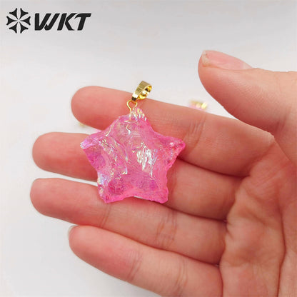WT-P1885 Amazing Natural Aqua Aura Crystal Quartz Pendant Single Loop Raw Stone Quartz Star Pendant for Necklace Design