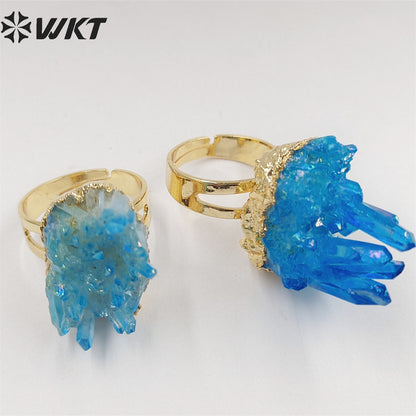 WT-R244 Exclusive Newest Aqua Aura Ring 18k Adjustable Natural Healing Crystal Quartz Cluster Aura Ring Fashion Women Stone Ring
