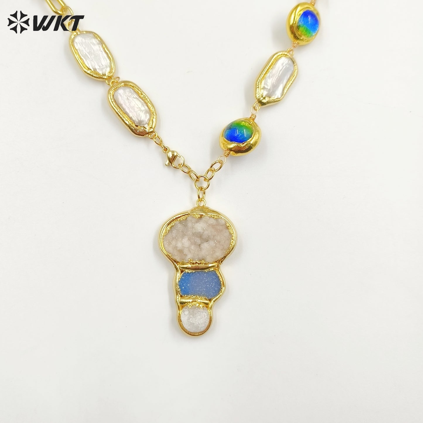 WT-JN257 WKT New Exclusive Design 19 Inch Long Handmade Chain Assemble With Beads Pearl Druzy Agate Pendant Women Necklace