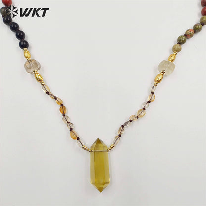WT-N1414 WKT Lucky Handmade Energy Yellow Citrine Necklace 8mm Natural Stone Beads Necklace in 30 Inch Long Healing Necklace