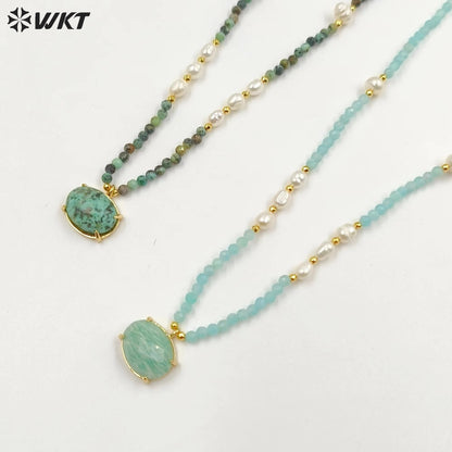 WT-N1445 WKT Best 2023 Newest Natural Gemstone and Pearl Women Simple Hoop Aura 16+2inch Stone Beads Necklace