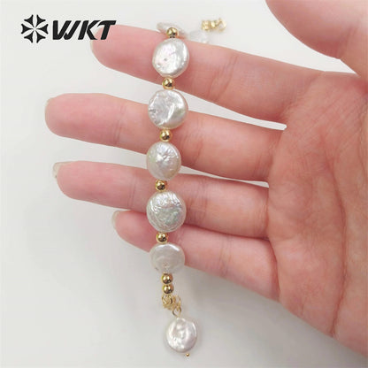 WT-MPB091 WKT New Design Delicate Round Coin Freshwater Pearl Bracelet 7Inch Long High Quality Pearl Beads Jewelry Bracelet