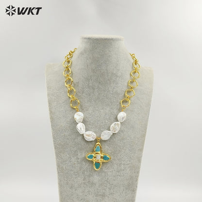 WT-JN324 Amazing Popular Christian High Precious Freshwater Pearl and Cross Turquoise Pendant Necklace with Chunky Chain