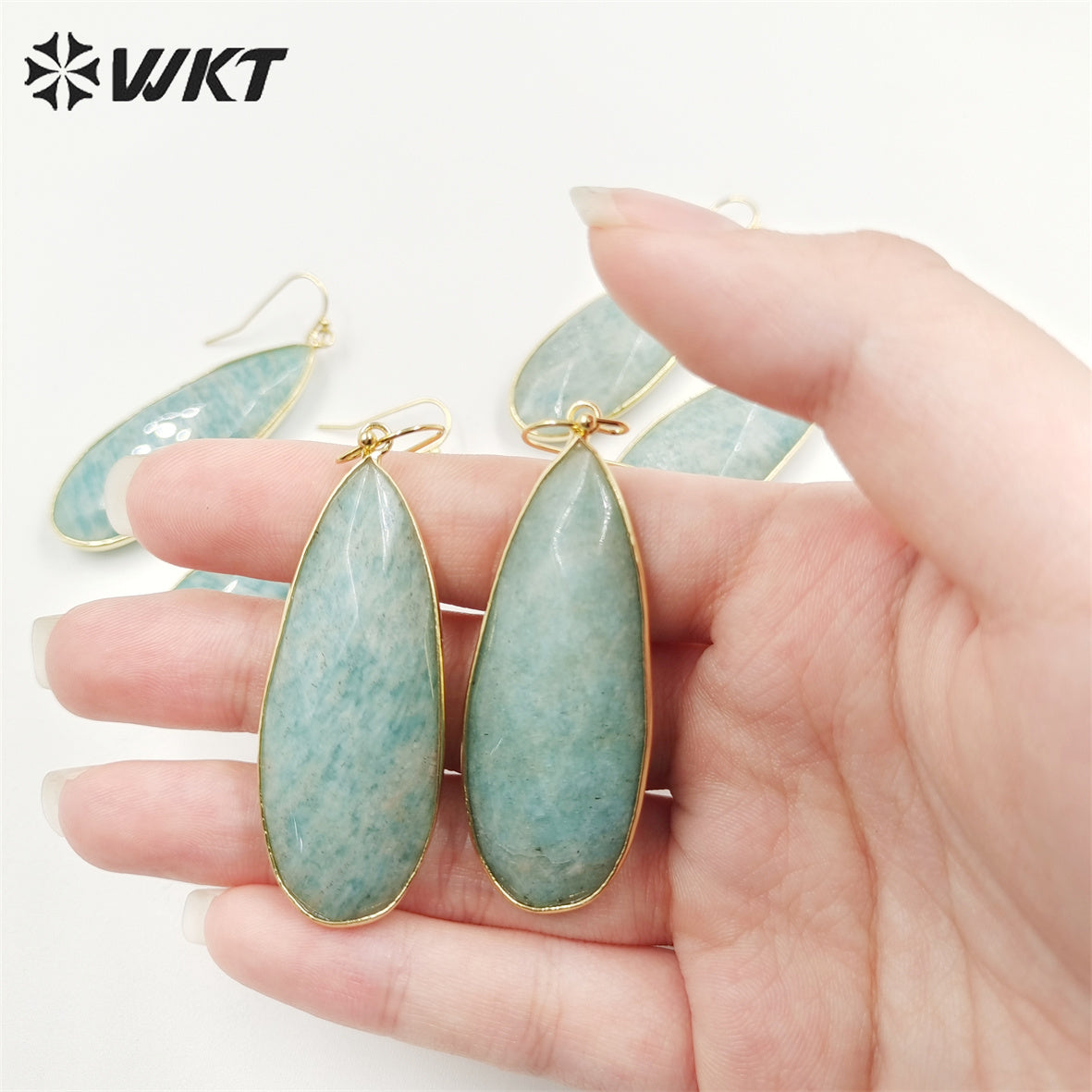 WT-E708 Women Gorgeous Double Faceted Cut Long Waterdrop Amazonite Earrings 18k Gold Bezel Dangle Earrings for Girls