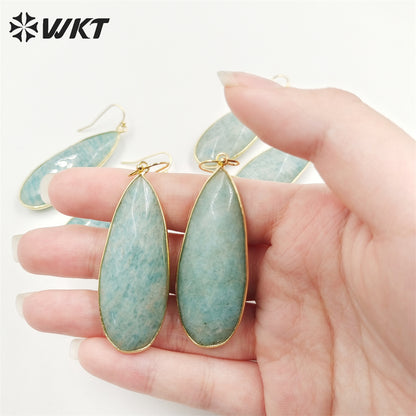 WT-E708 Women Gorgeous Double Faceted Cut Long Waterdrop Amazonite Earrings 18k Gold Bezel Dangle Earrings for Girls