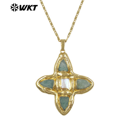 WT-JN363 Hot Sale Delicate Gold Plated Tiger Eye Natural Gemstones And Pearl Cross Pendants Necklace For Ladies Daily Match