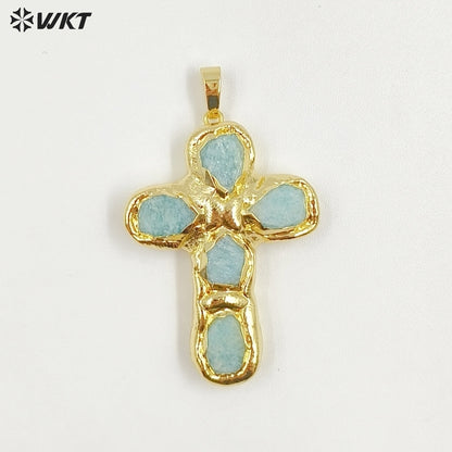 WT-P2045 Popular Sale Back Full Gold Electroplated Turquoise Natural Gemstones Cross Pendants As Fashion Necklace DIY Findings