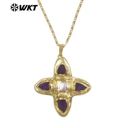 WT-JN363 Hot Sale Delicate Gold Plated Tiger Eye Natural Gemstones And Pearl Cross Pendants Necklace For Ladies Daily Match