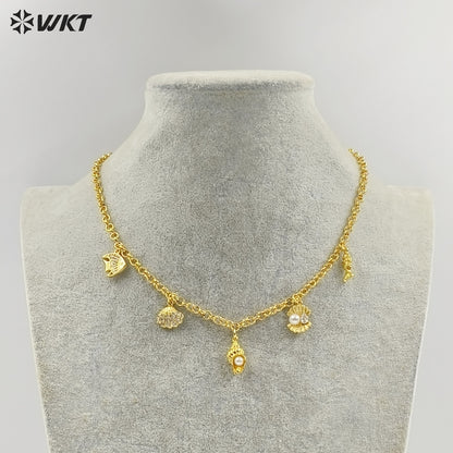 WT-JFN47 Newest Yellow Brass Fine Chain With Gold Plated Small Lovely Shell Charms Necklace For Elegant Ladies Jewelry Matching