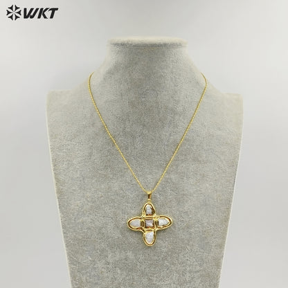 WT-JN340 Top Fashion Gold Plated Boutique Jewelry Five Natural Freshwater Pearls Cross Necklace As Women Anniversary Gift