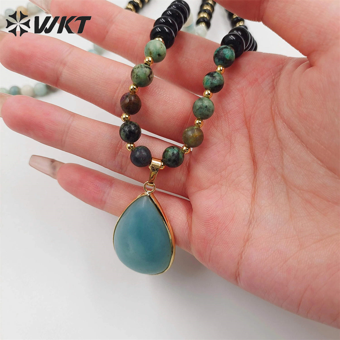 WT-N1416 Newest Attractive 6mm Long Natural Stone Beads Necklace in 28 Inch Genuine Amazonite Drop Pendant Necklace