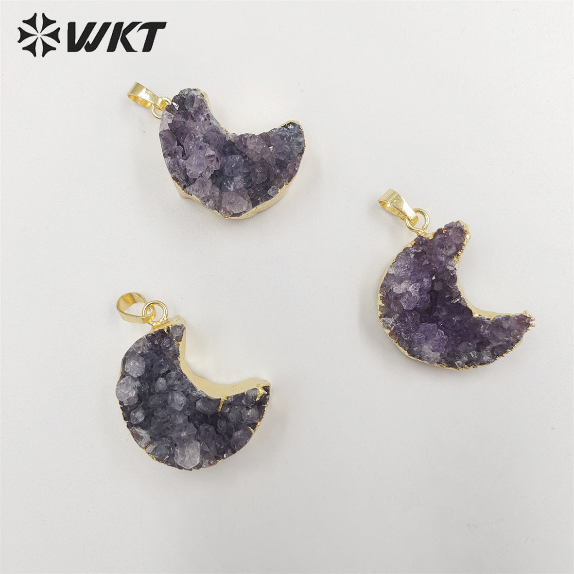 WT-P1858 Amazing Gorgeous Energy Natural Druzy Amethyst Moon Necklace with 18k Real Gold Plated Genuine Stone Amethyst