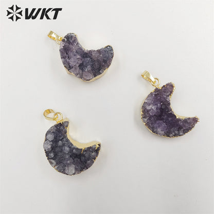 WT-P1858 Amazing Gorgeous Energy Natural Druzy Amethyst Moon Necklace with 18k Real Gold Plated Genuine Stone Amethyst