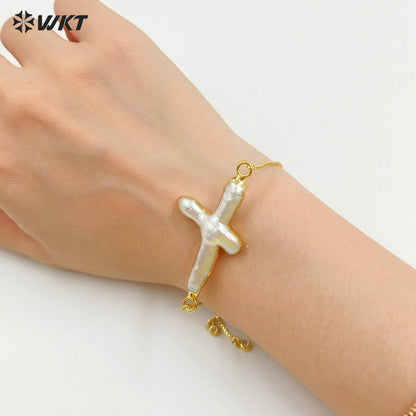 WT-B341 Gorgeous Natural Cross Pearl Chain Bracelet , 24K Genuine Gold Plated Handmade Pearl Chain Bracelet for Women