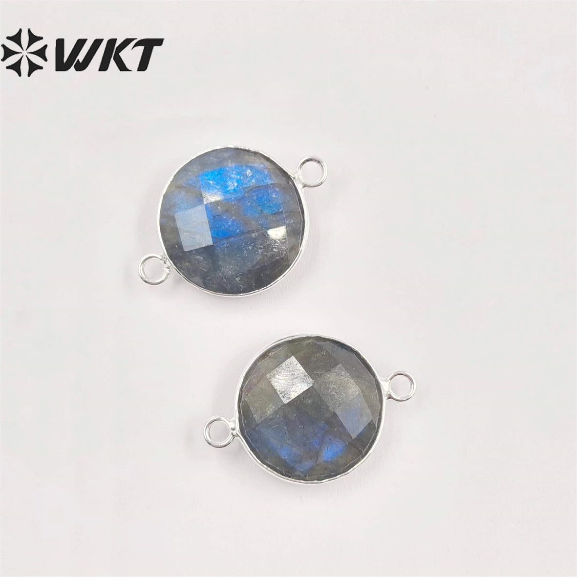 WT-C118 Wholesale Sparkly Tiny Labradorite Charm Connectors ,Lovely Round Natural Labradorite With Gold Plated Jewelry Findings