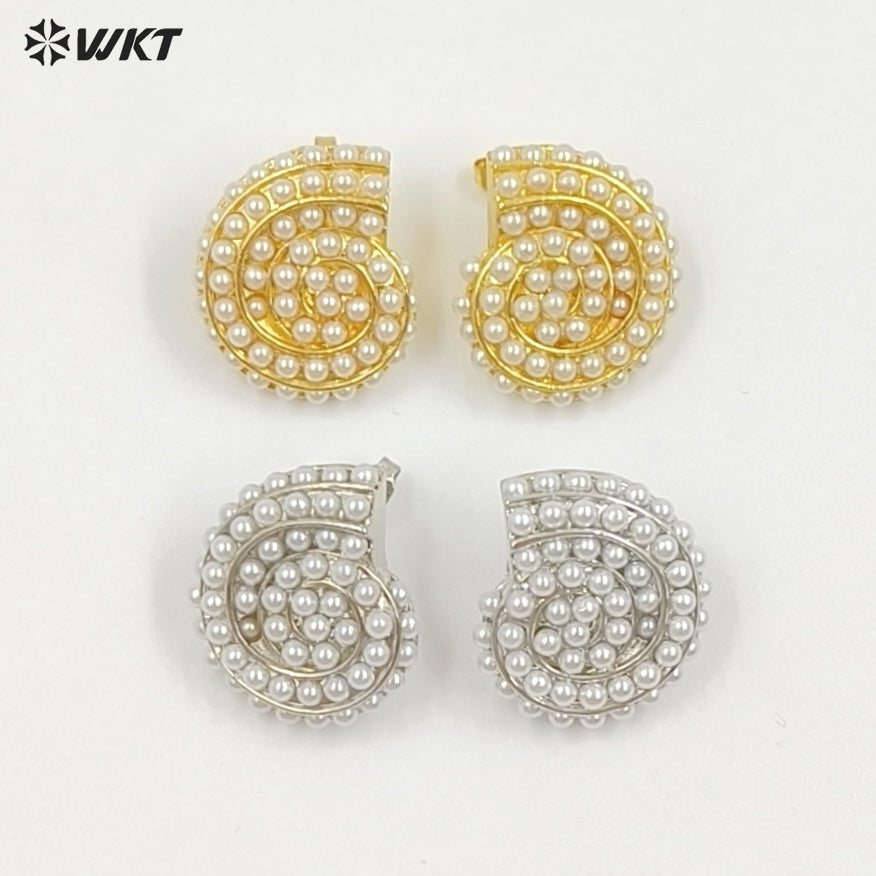 WT-ME125 Newest Design Jewelry Brass Gold And Silver Plated With Artificial Pearl Conch Shape Earrings For Girl Daily Wearing