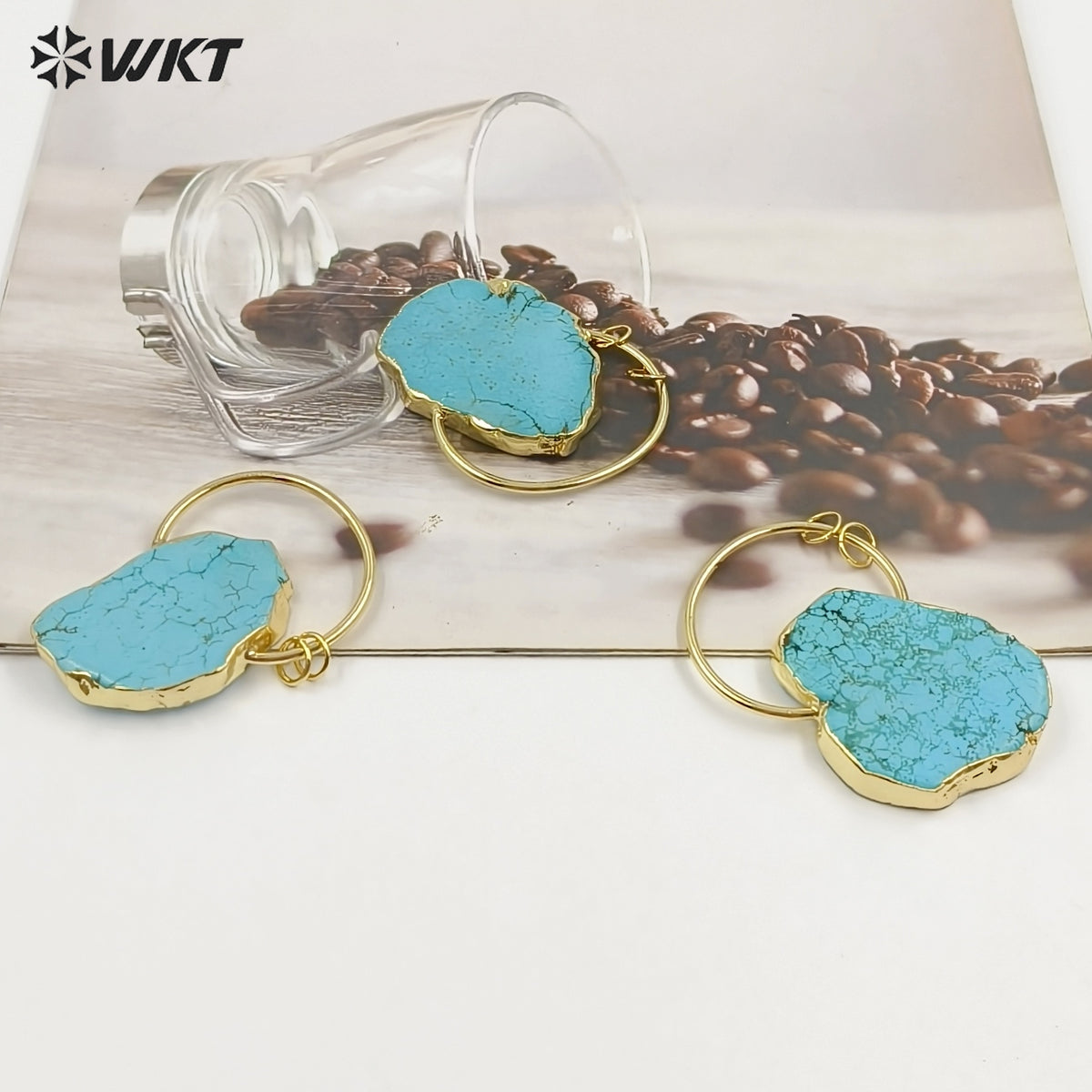 WT-P1372 Vintage Design Sky Blue Natural Stone With Half Circle and Double Tiny Loops Gold Trim Pendant for Jewelry Making