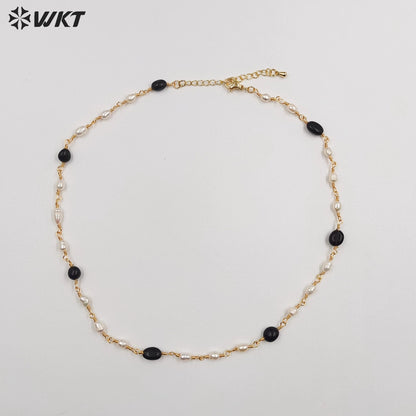 WT-JN246 Wholesale Vintage Pearl and Stone Natural 18k Chain Gold Plated Exquisite High Quality Beads Necklace