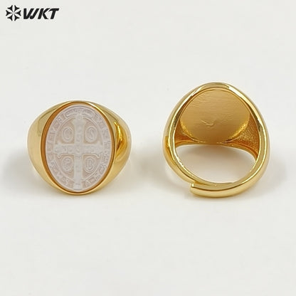 WT-MPR157 Good Quality Vintage Style 18K Gold Plated Cross And Eagle Pattern Adjustable Shell Rings For Party Wearing Jewelry