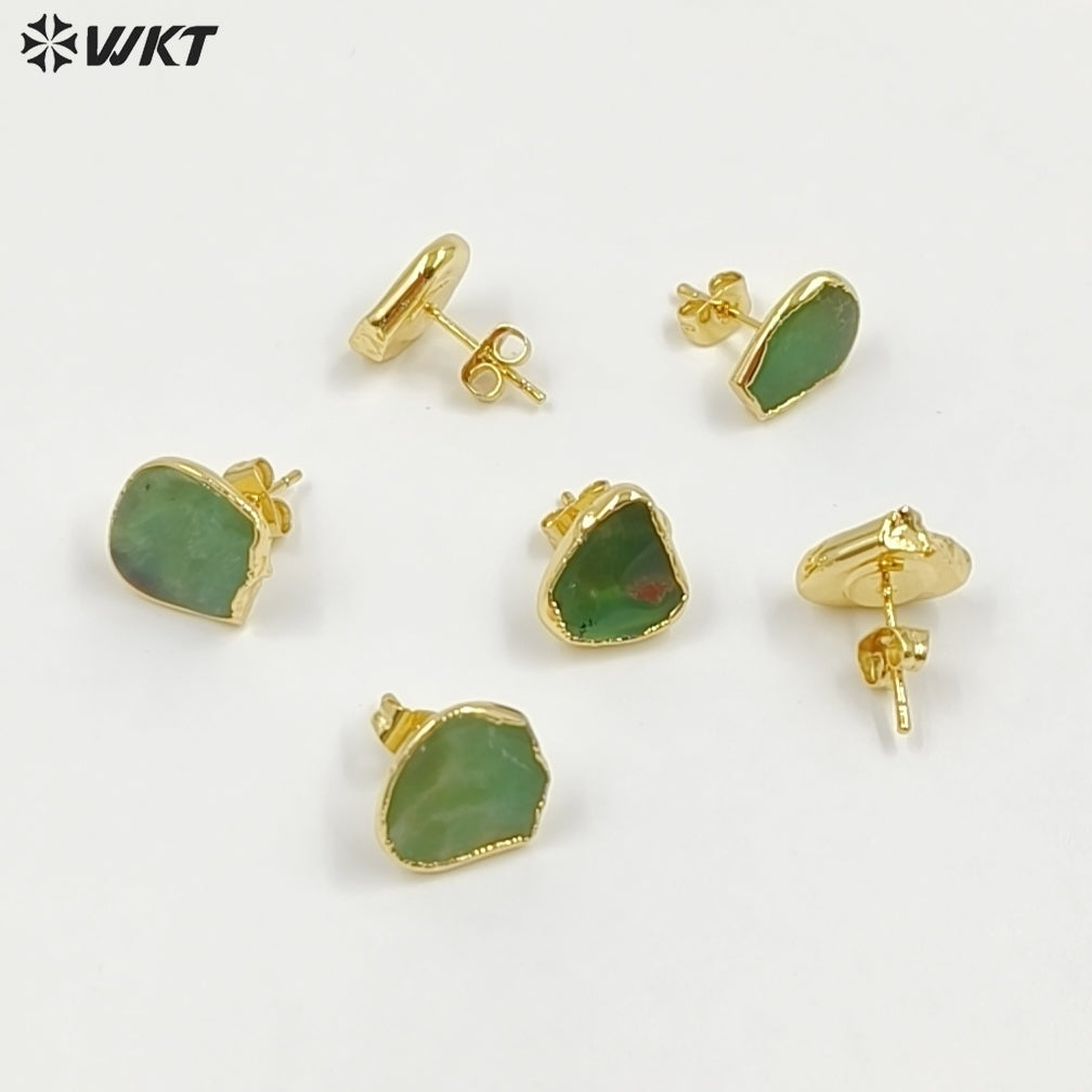 WT-E263 Wholesale Natural Precious Chrysoprase Jade Studs Earrings, 24K Gold Plated Australia Chrysoprase Studs Earrings