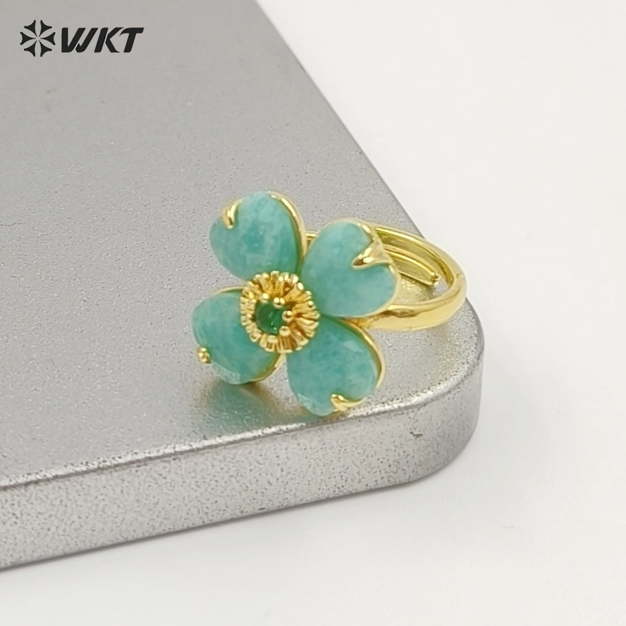 WT-R602 Gorgeous Design Gold Plated Zircon And Colorful Natural Gemstone Flower Shape Rings Adjustable For Party Wearing Jewelry