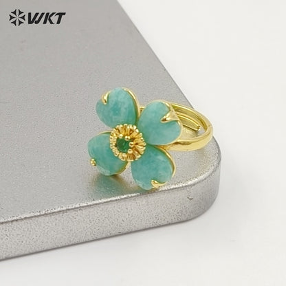 WT-R602 Gorgeous Design Gold Plated Zircon And Colorful Natural Gemstone Flower Shape Rings Adjustable For Party Wearing Jewelry