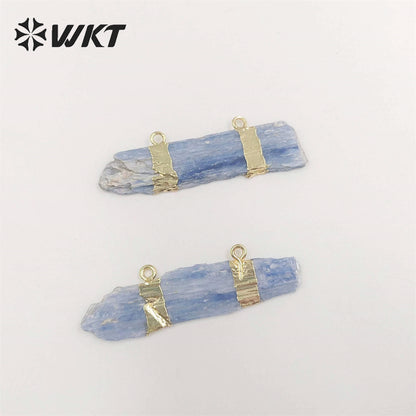 WT-P527 Rough Blue Kyanite Double Loops Bail Pendants, Fashion Gemstone Gold Dipped Natural Stone Pendants