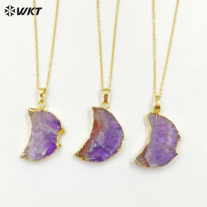 WT-N1300 Amazing Celestial Natural Slice Amethyst Moon Necklace Lady Gold Trim Half Moon Druzy Crescent Amethyst Necklace