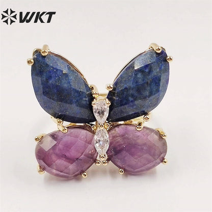 WT-R464 Amazing Natural Gemstone Carved Stone Ring Gorgeous Women Gold Plated Hand Carved Fashion Butterfly Ring