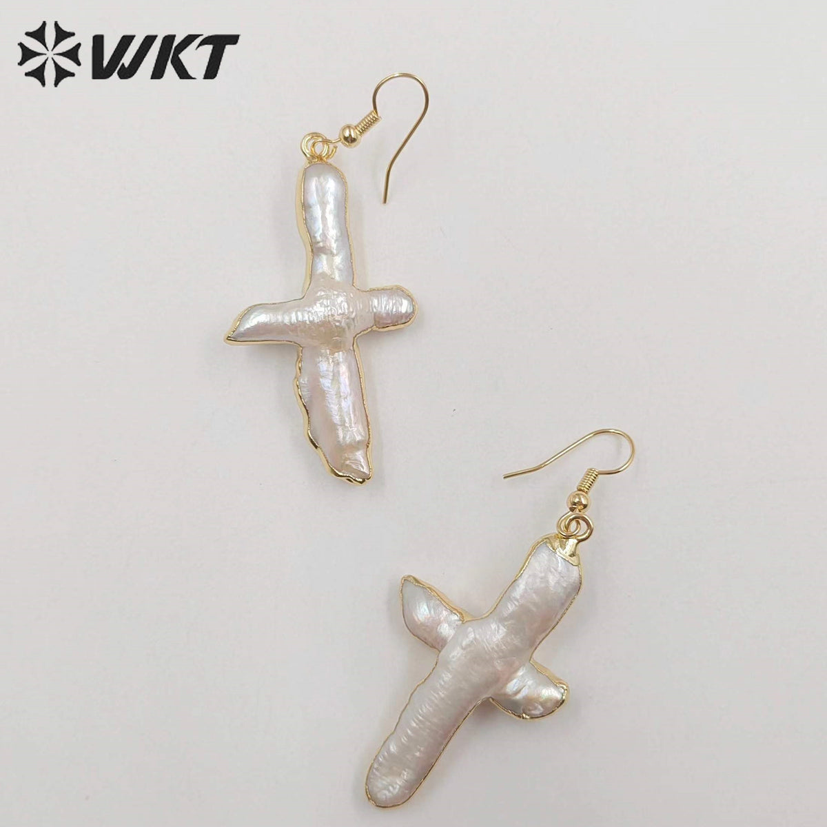 WT-E071 Super Hot Christian Religious Cross Earrings 18k Real Gold Plated Dangle Natural Freshwater Pearl Earrings for Wedding