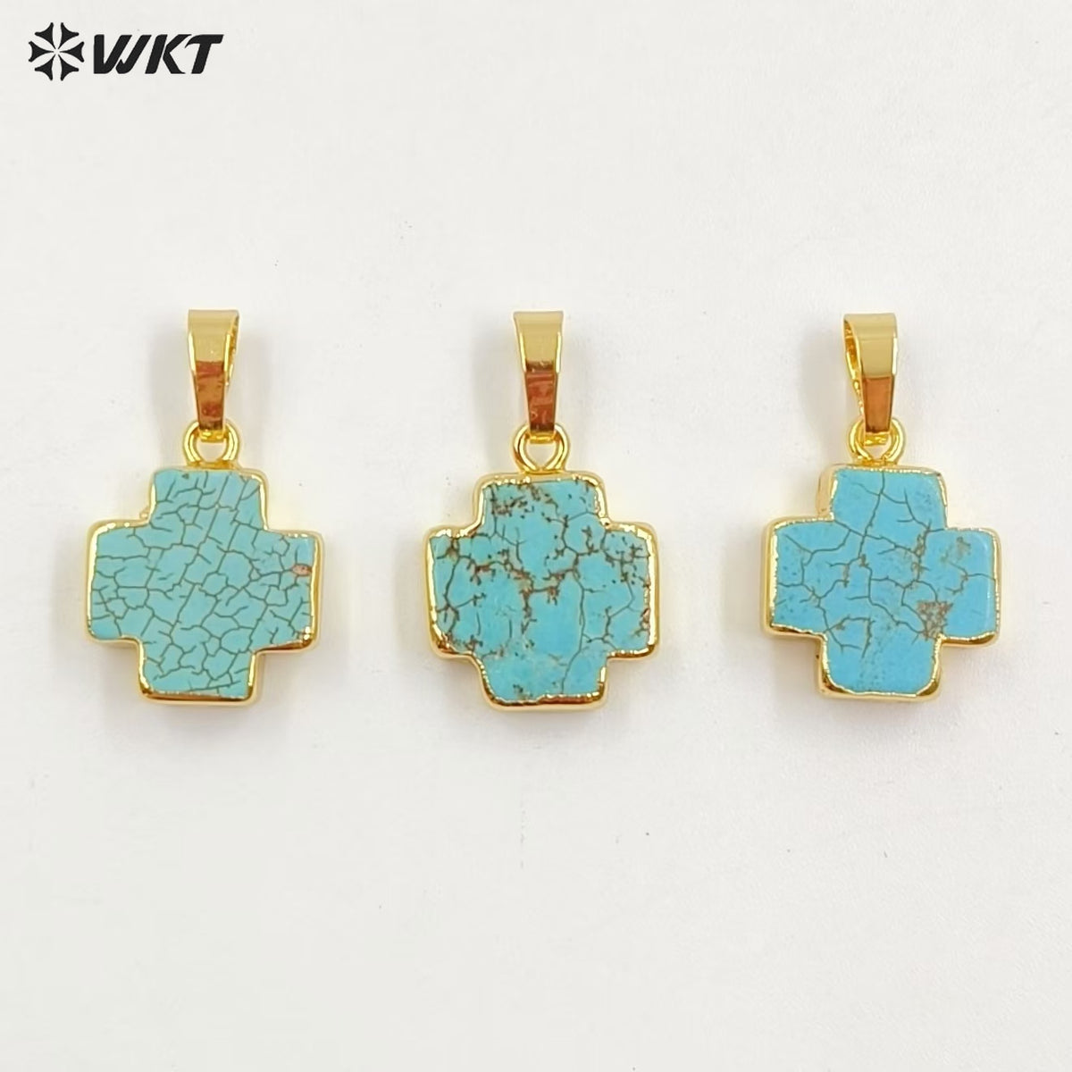 WT-P952 Vintage 18K Real Gold Plated Natural Turquoise Made Cross Pendant Bohemian Green Stone Jewelry Charms for Necklace
